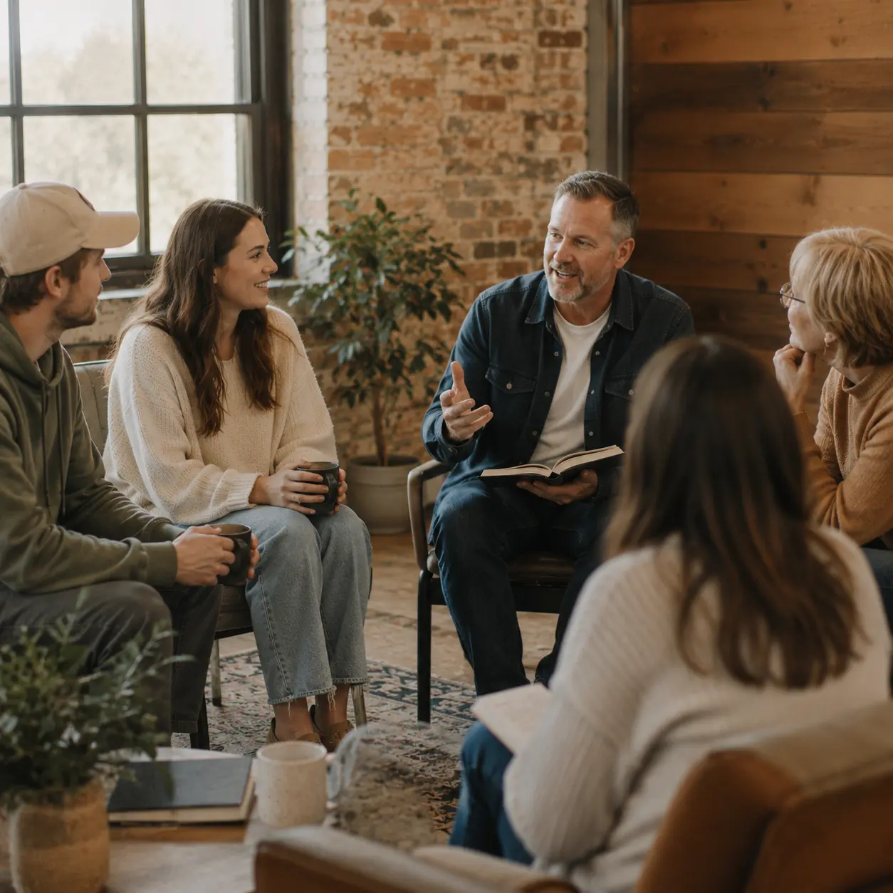Grupo pequeño de jóvenes adultos conversando en un living