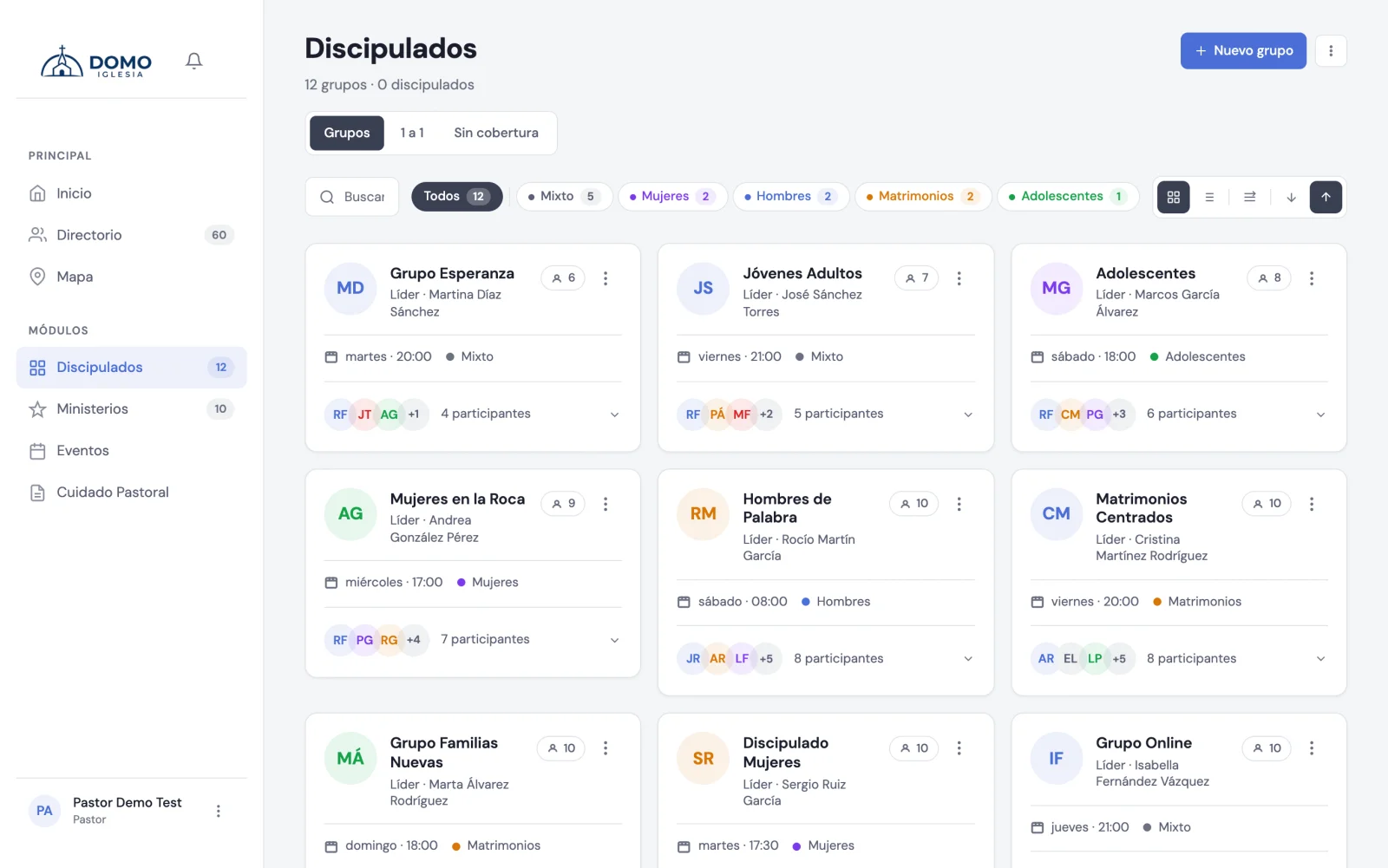 La pantalla de Discipulados con una tarjeta por cada grupo
