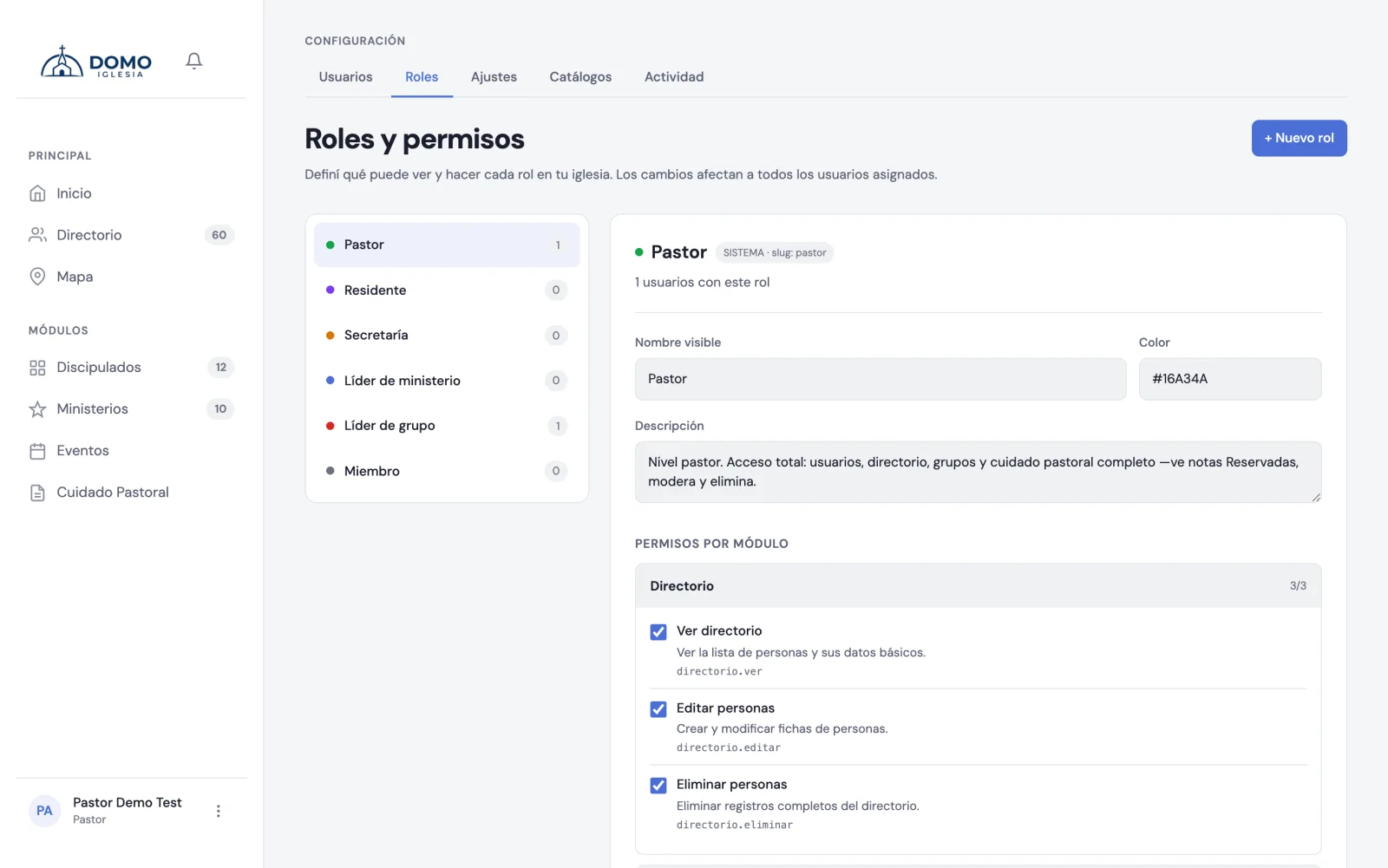 Configuración de Roles y permisos, con los permisos por módulo